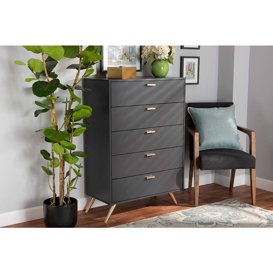 Baxton Studio Kelson Modern And Contemporary Dark Grey And Gold Finished Wood 5-Drawer PYTHQOVB_RRDVL