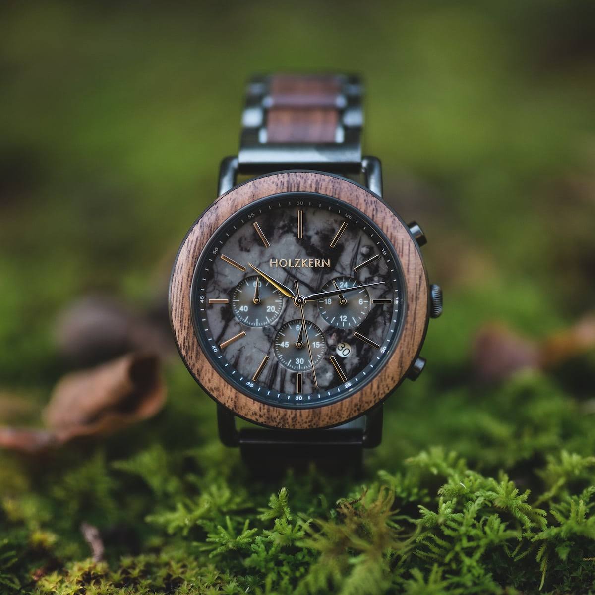 Holzkern Askja MenS Watch 45mm Real Gray Marble Dial Chronograph Adjustable Stainless Steel Wristband Strap Japanese Quartz Analog Watch For QV5TJTLW_8DKZ2