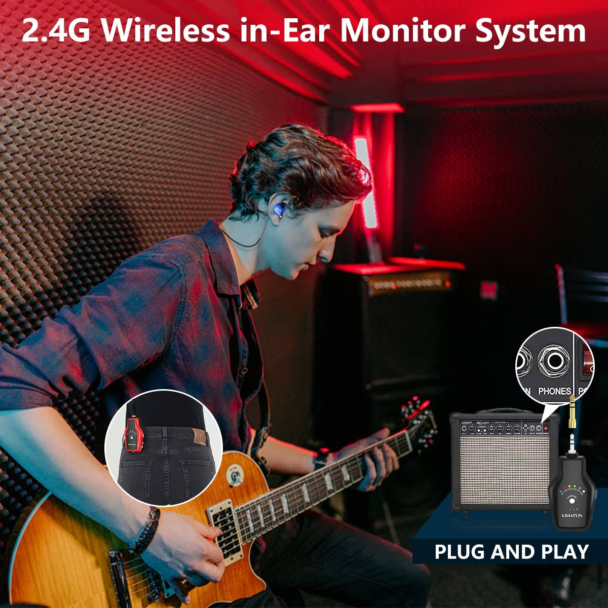 Kimafun 2.4g Wireless In Ear Monitor System, Wireless Iem System Earphone Headphone For Stage Performance, Band Rehearsal, Guitar Amplifier, VMMUXLT2_K0DSU