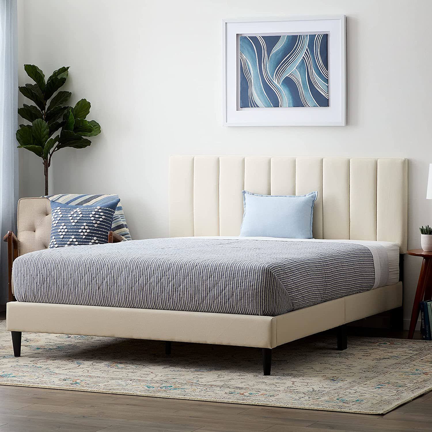 Lucid Upholstered Platform Bed With Channel Tufted Headboard-Sturdy Wood-No Box Spring Required, Pearl, K49QDIQB_L6MIR
