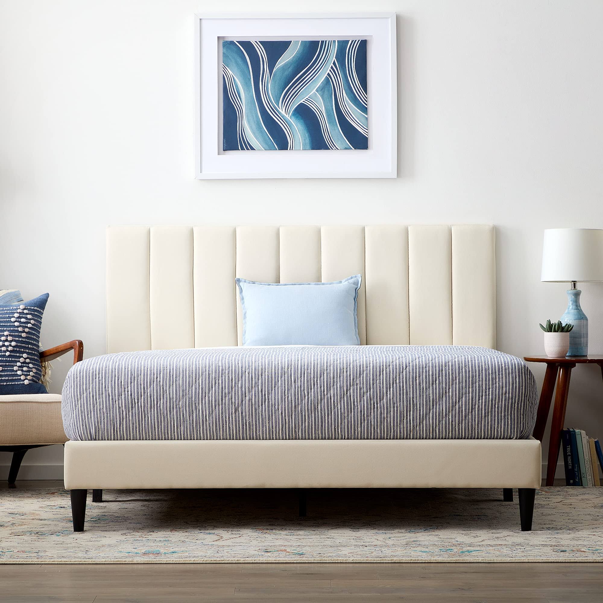 Lucid Upholstered Platform Bed With Channel Tufted Headboard-Sturdy Wood-No Box Spring Required, Pearl, K49QDIQB_L6MIR