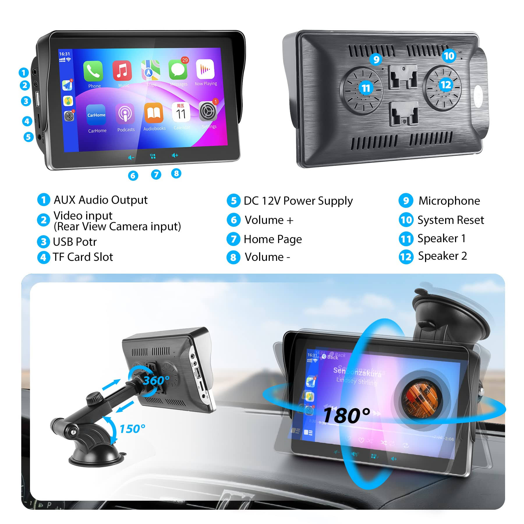 Newest Portable For Apple Carplay Wireless Android Auto,Stereo Car Radio 7 Inch Ips Touch Screen Multimedia Player,Compatible Bluetooth ARXTPBHB_6MFBV