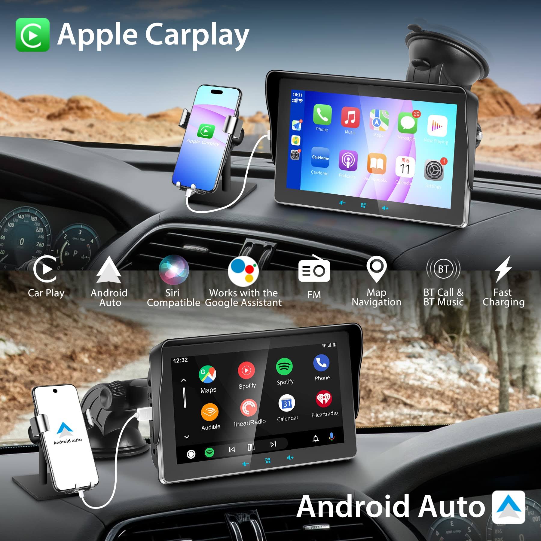 Newest Portable For Apple Carplay Wireless Android Auto,Stereo Car Radio 7 Inch Ips Touch Screen Multimedia Player,Compatible Bluetooth ARXTPBHB_6MFBV