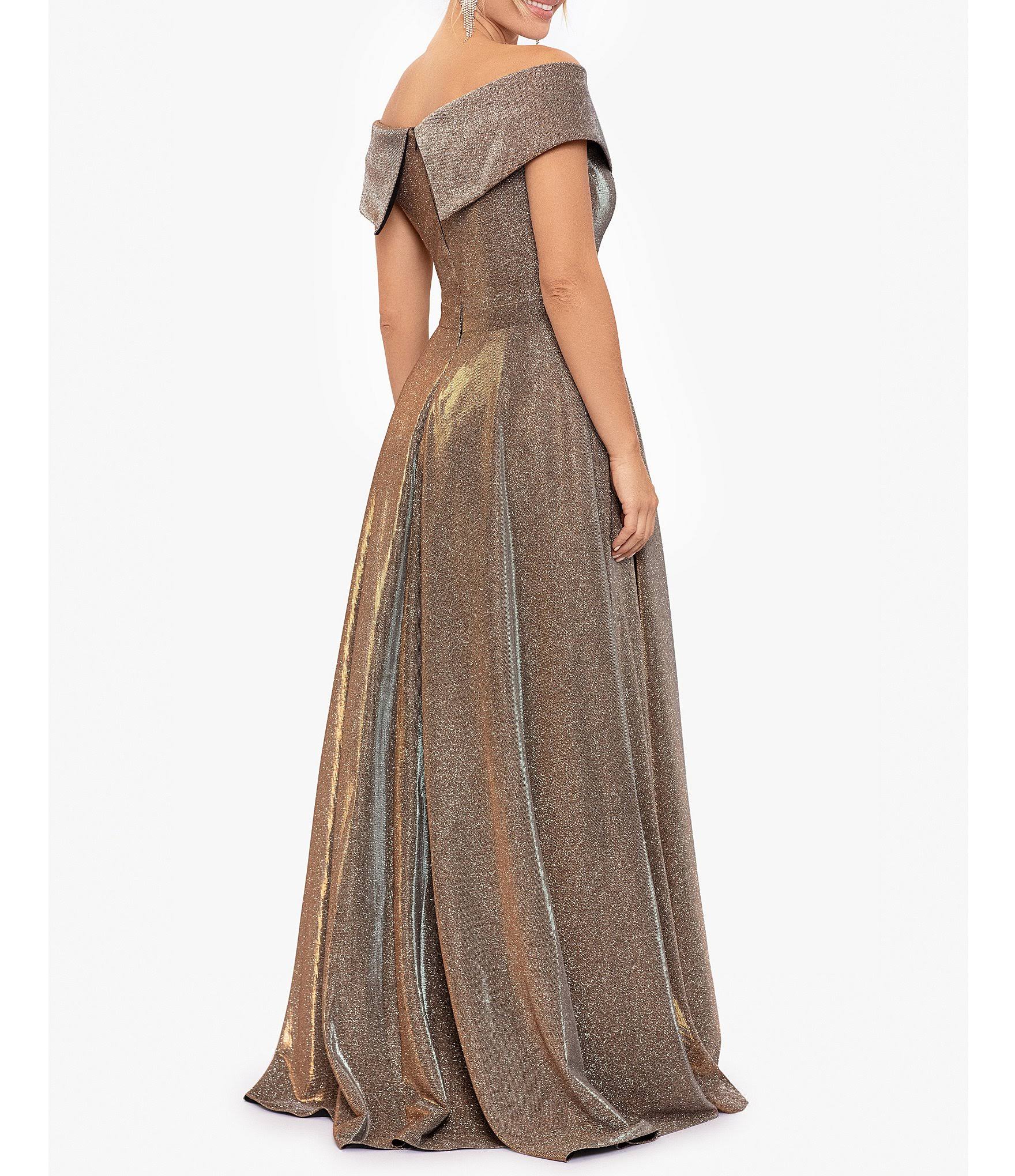 Xscape Off The Shoulder Gown In Sand At Nordstrom, Size BUD2MIE7_3OAMB
