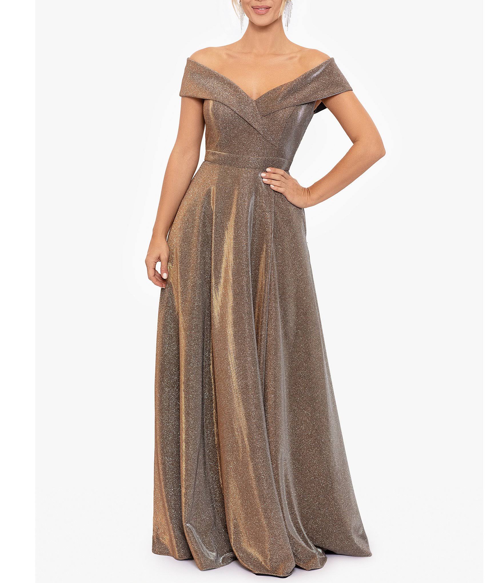 Xscape Off The Shoulder Gown In Sand At Nordstrom, Size BUD2MIE7_3OAMB