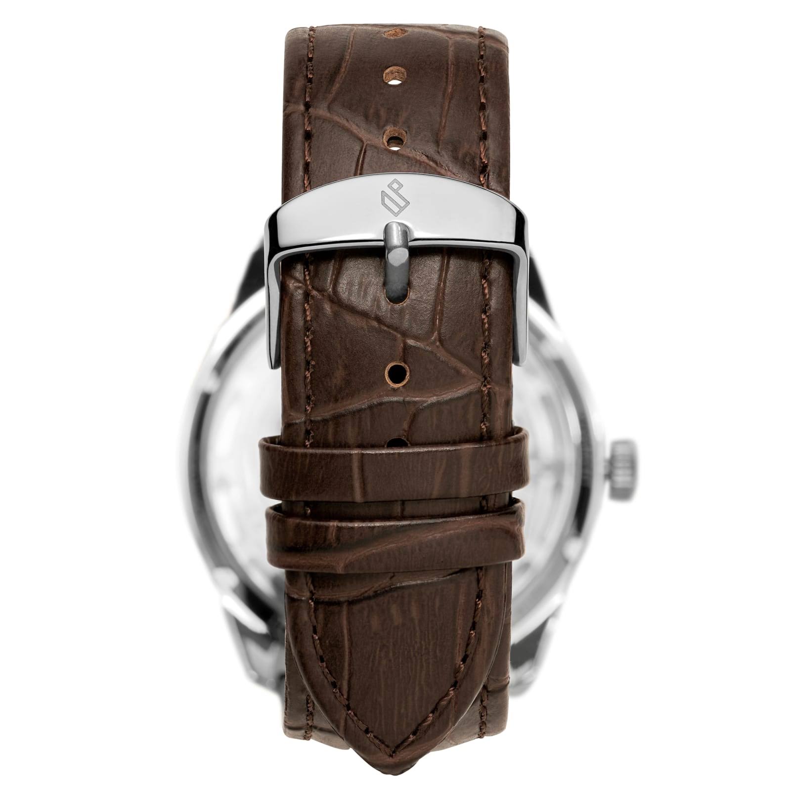 Engravable Motus | Silver-Tone Automatic Skeleton Watch With Chocolate Brown Leather Strap - For Men - TOQMCRPP_F2WHV