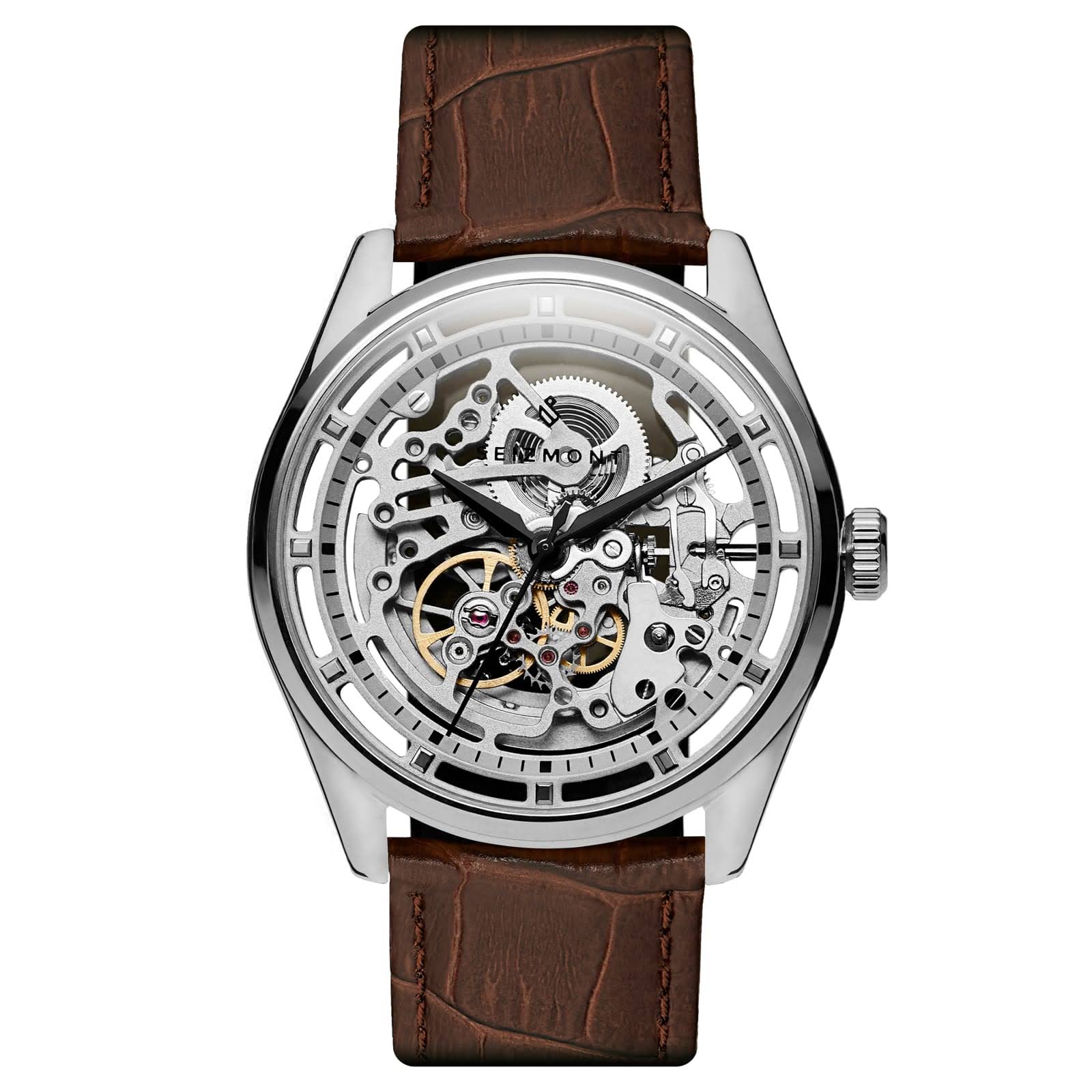 Engravable Motus | Silver-Tone Automatic Skeleton Watch With Chocolate Brown Leather Strap - For Men - TOQMCRPP_F2WHV