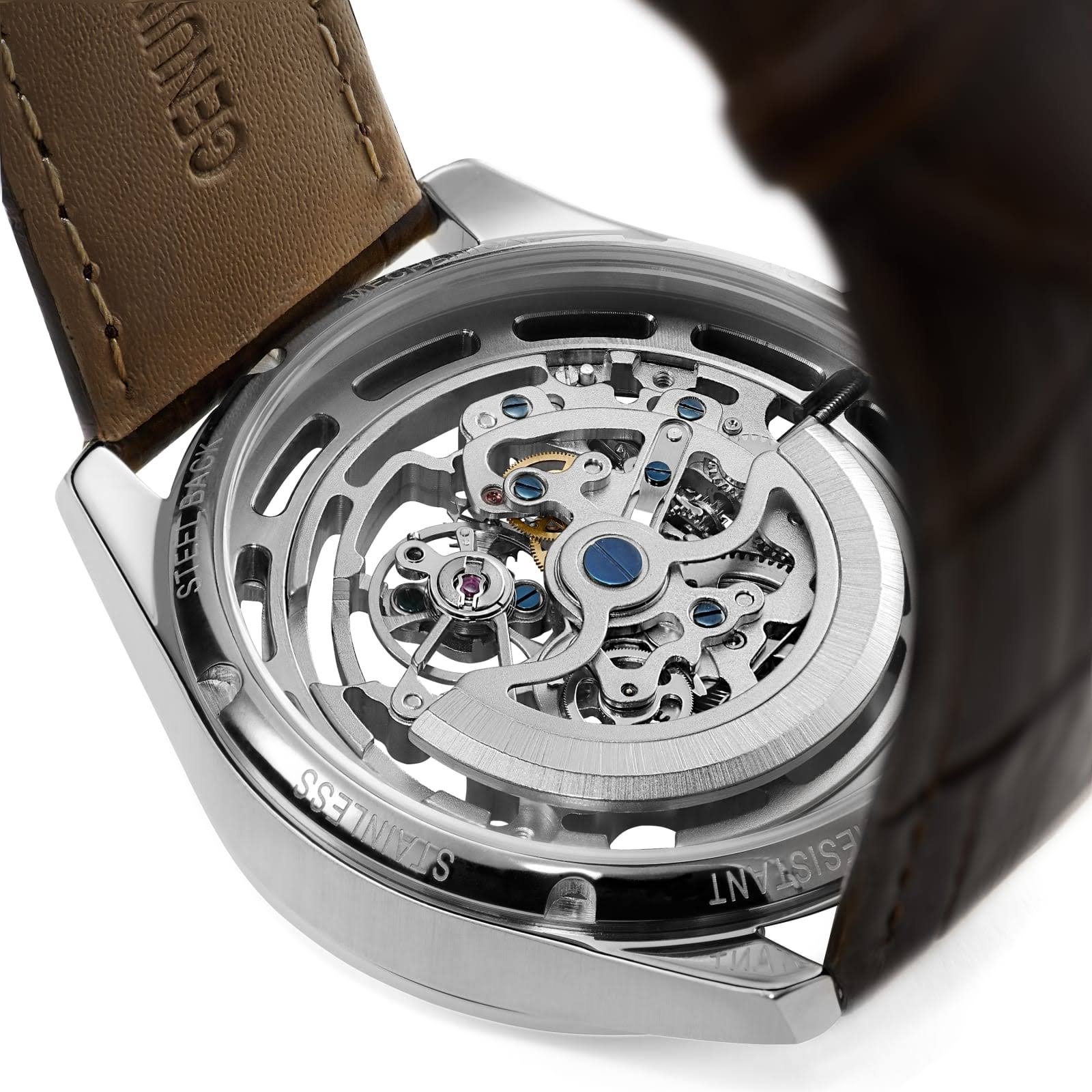Engravable Motus | Silver-Tone Automatic Skeleton Watch With Chocolate Brown Leather Strap - For Men - TOQMCRPP_F2WHV