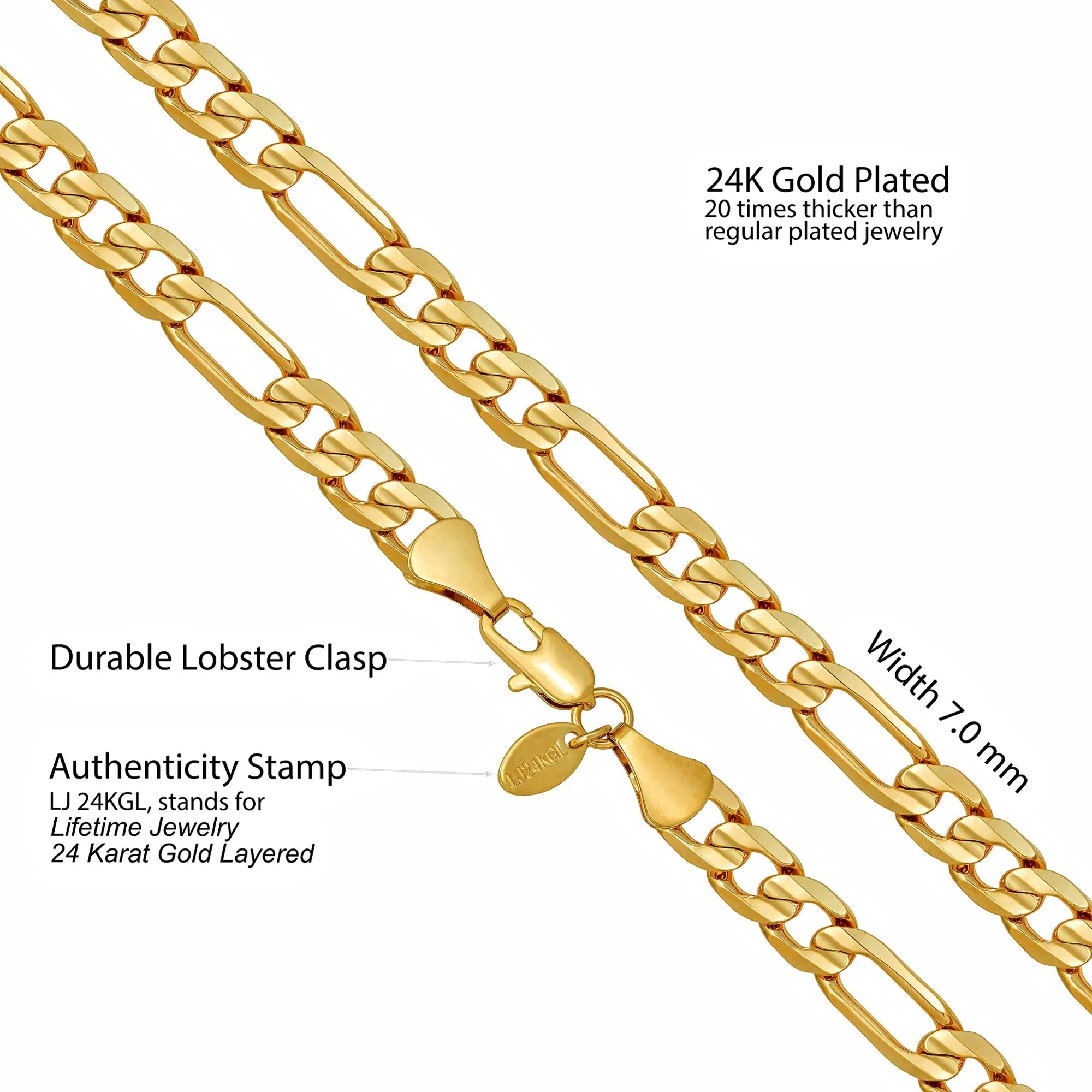 Gold Figaro Chain 7mm Fashion Jewelry Necklaces, 24k Overlay, Resists VTJ3RCIT_QPN5I