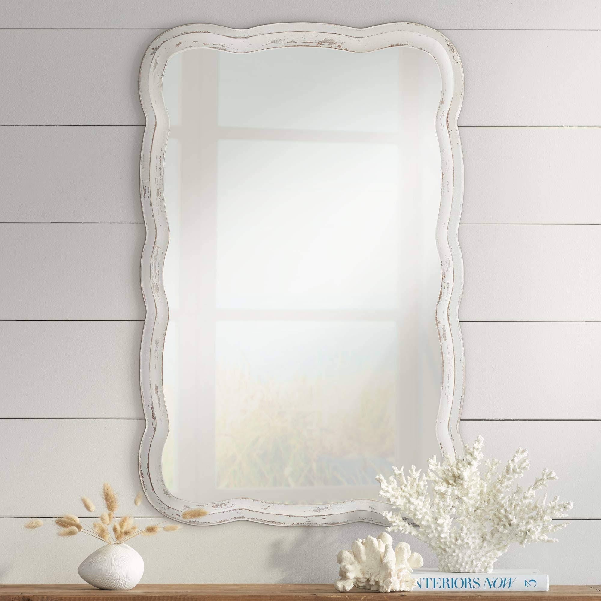 Noble Park Nellie Scallop Edge Rectangular Vanity Decorative Wall Mirror Country Cottage Distressed White Frame 23 1/2 Inch Wide For Bathroom 70G8S7NB_XVMWD