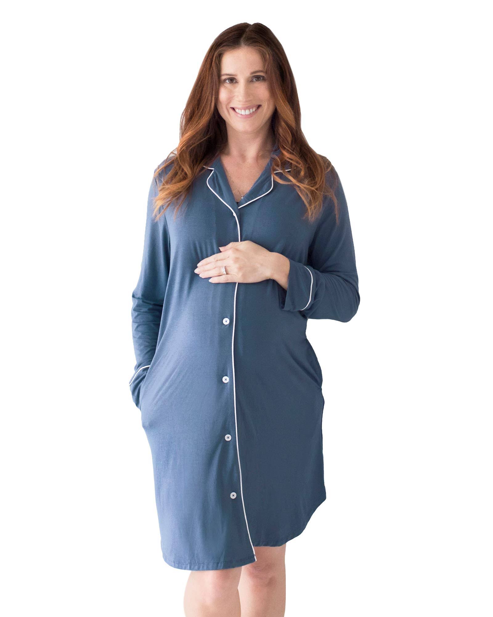 Kindred Bravely Clea Bamboo Button Down Nursing Nightgown | Long Sleeve Maternity Nightgown (Slate Blue, Medium) NWWIJHFQ_GYAZT
