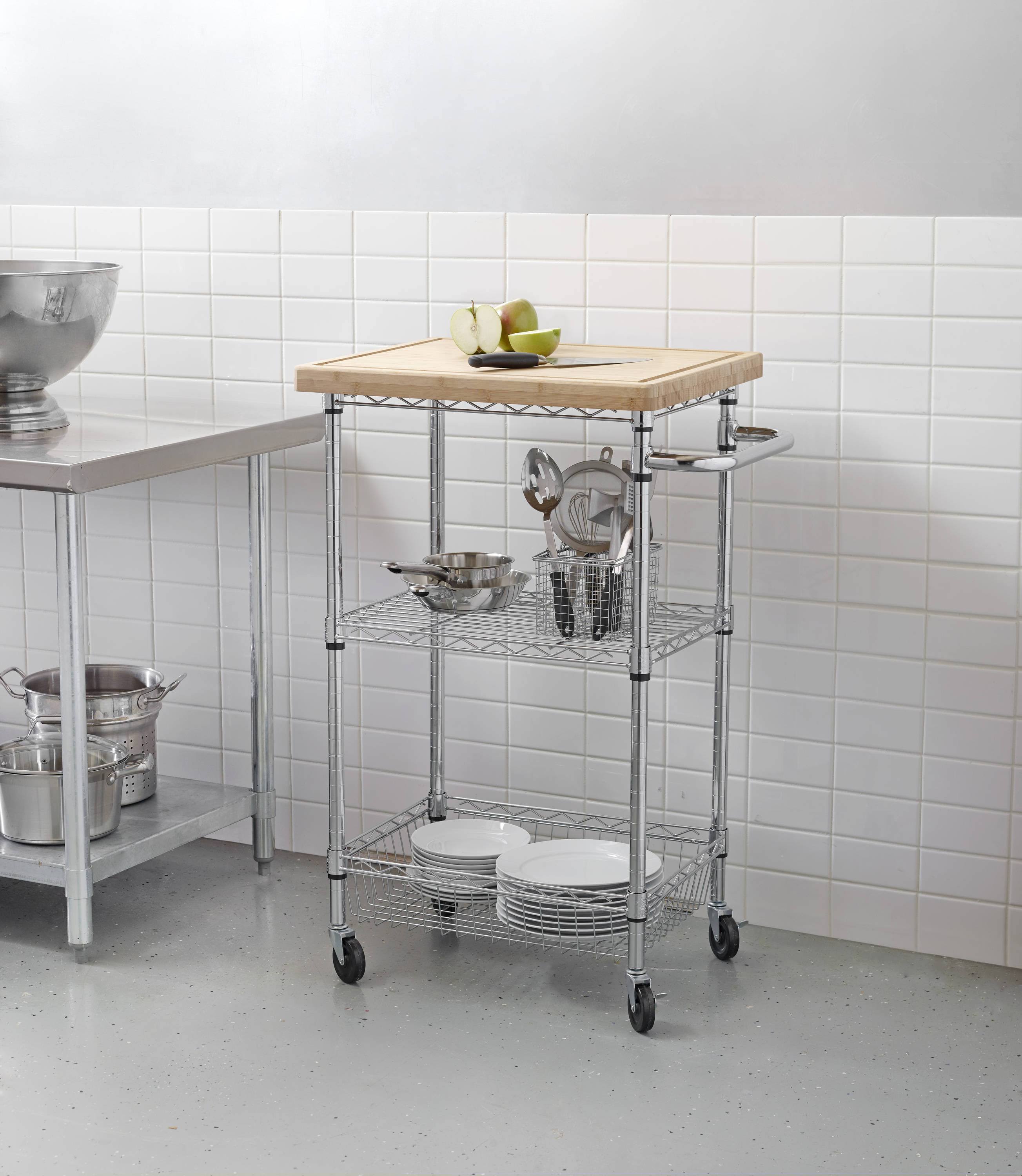 Style Selections Chrome Steel Base With Bamboo Wood Top Kitchen Cart (24-In X 19.7-In X 38-In) KG9XRZRR_BJ4NI