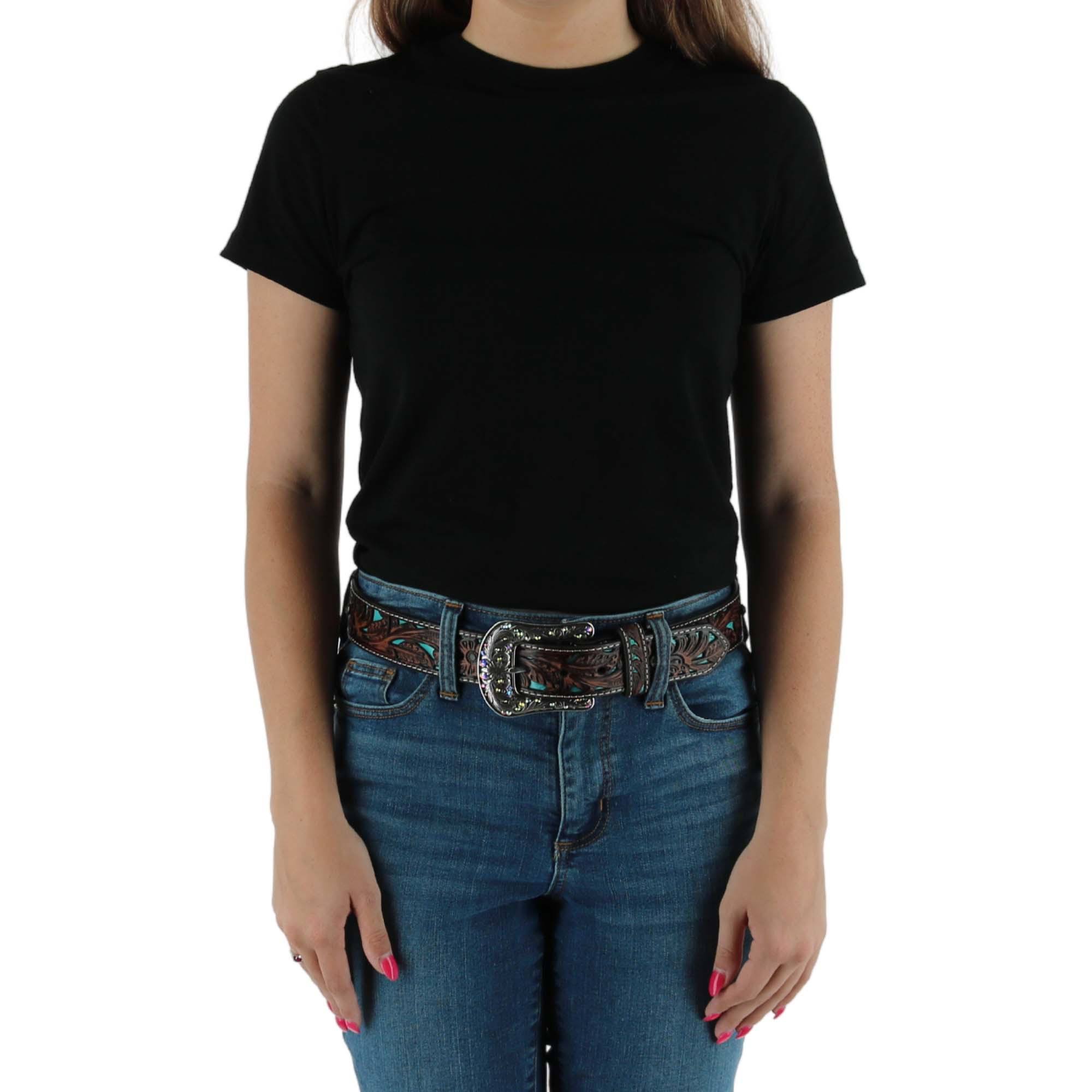 Ariat Women's Tooled Turquoise Leather Inlay Belt Brown AFP1PDUY_CMGRL