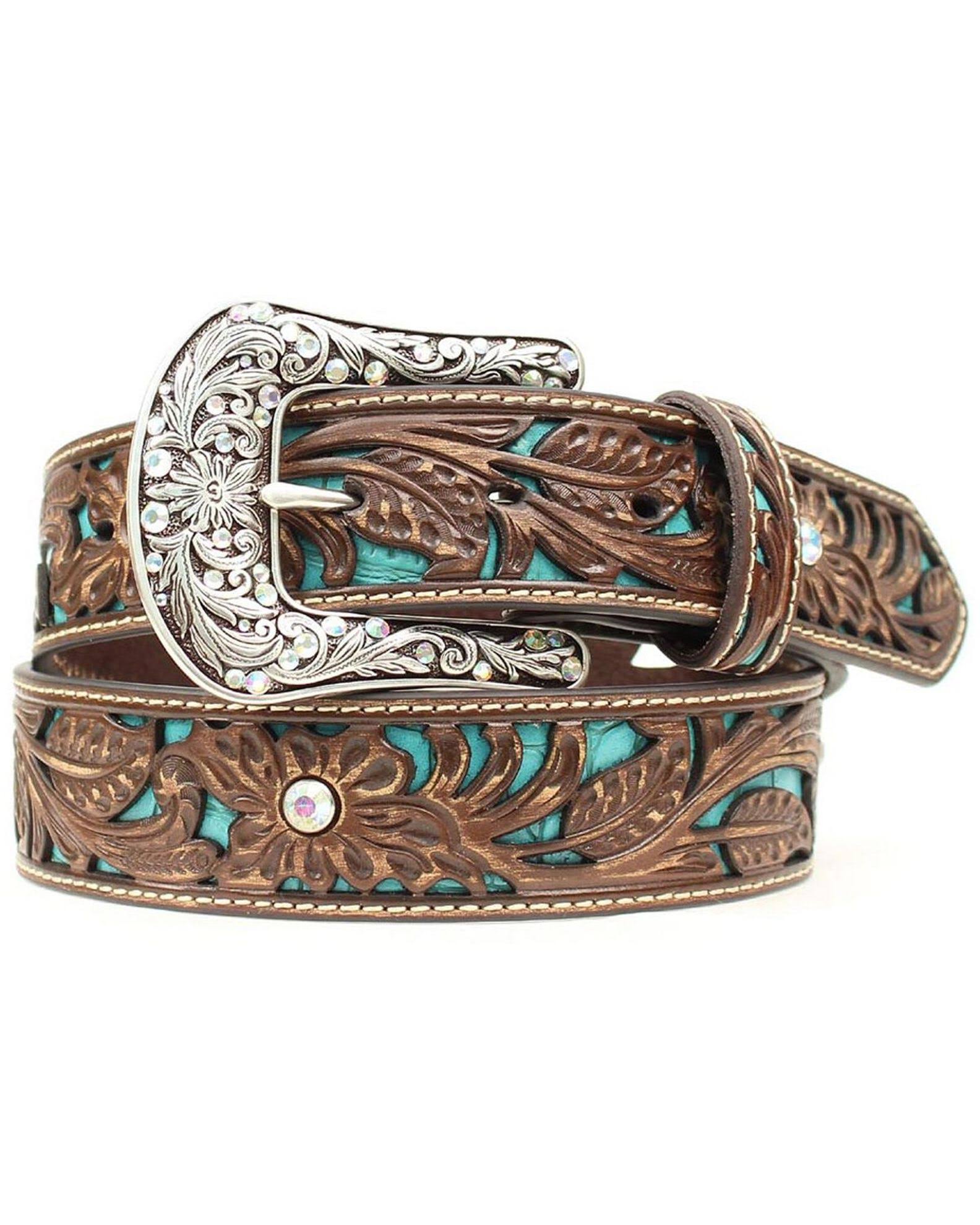 Ariat Women's Tooled Turquoise Leather Inlay Belt Brown AFP1PDUY_CMGRL