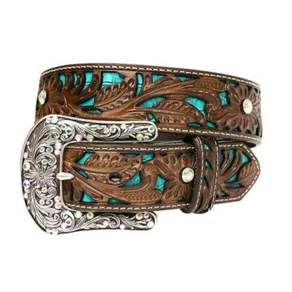 Ariat Women's Tooled Turquoise Leather Inlay Belt Brown AFP1PDUY_CMGRL