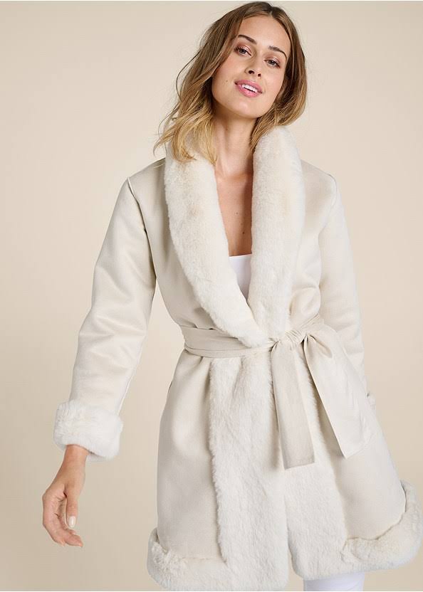 Women's Faux-Fur Trim Coat - Whisper White, Size 12 By YT2VP8AB_QJ600